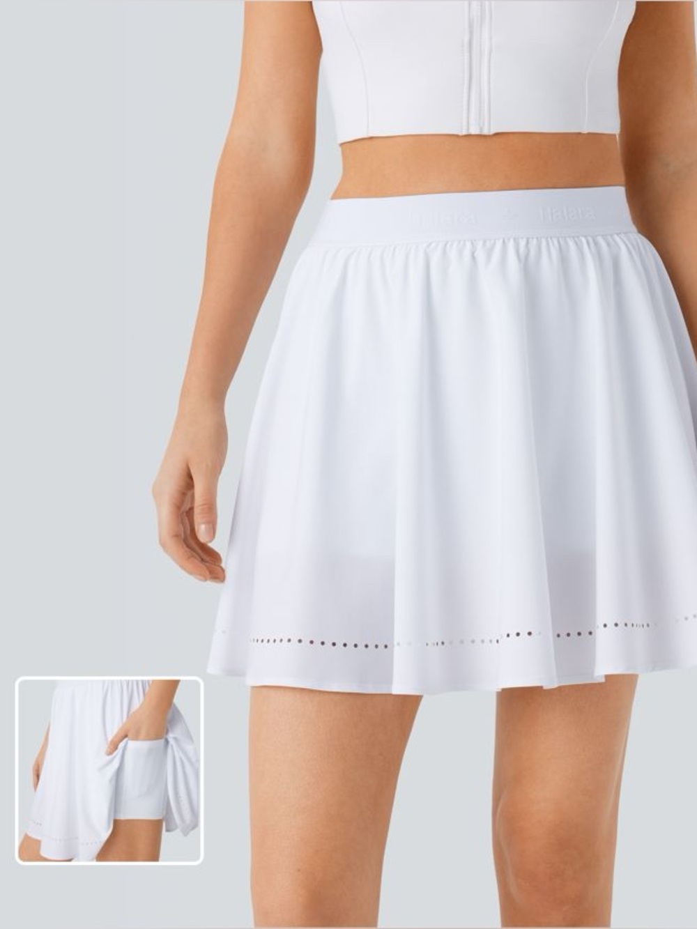 Breezeful High Waisted Perforated 2-in-1 Flare Mini Skirt w/ Shorts & Pockets - Picture 2 of 4